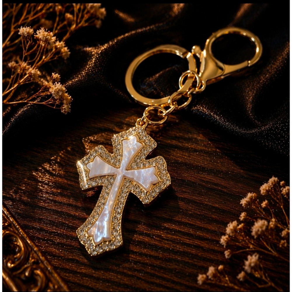 Mother of Pearl Cross Keychain – Gold Tone Rhinestone Keyring | Faith Inspired